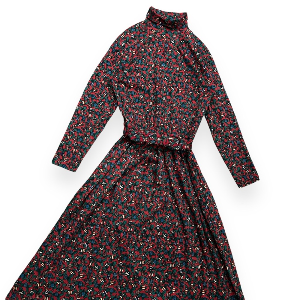 VTG 90s Christmas Theme Dress Turtleneck Elastic Waist Pleated Dress with Belt - Picture 2 of 4